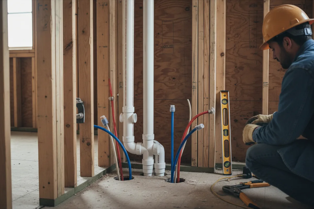 Drain and supply rough-in during Sump Pump Repair in Mark