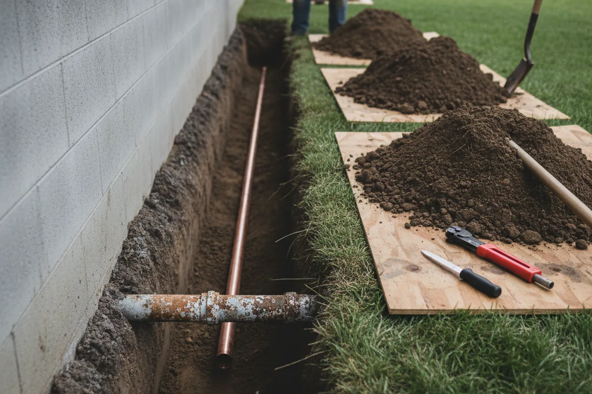Excavated water line trench during Sewer Line Repair in Mark